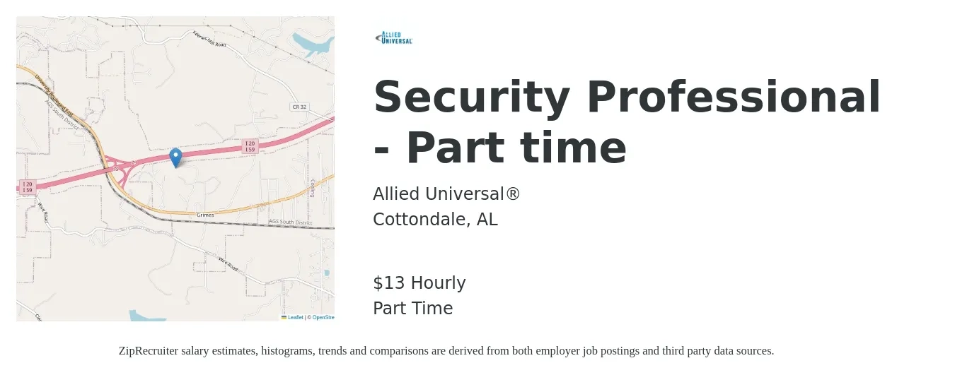Allied Universal job posting for a Security Professional - Part time in Cottondale, AL with a salary of $14 Hourly with a map of Cottondale location.