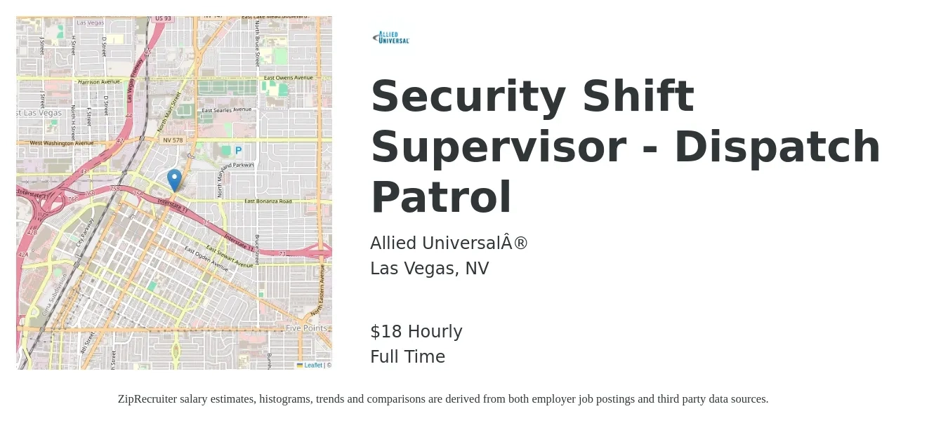 Allied Universal® job posting for a Security Shift Supervisor - Dispatch Patrol in Las Vegas, NV with a salary of $20 Hourly with a map of Las Vegas location.