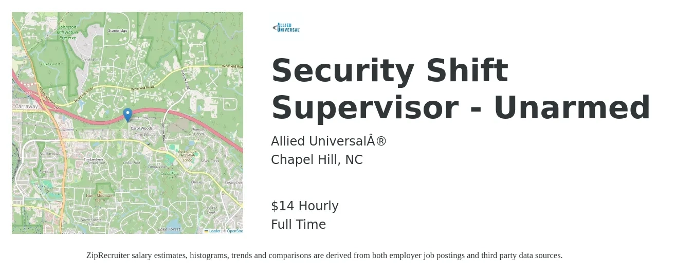 Allied Universal job posting for a Security Shift Supervisor - Unarmed in Chapel Hill, NC with a salary of $15 Hourly with a map of Chapel Hill location.