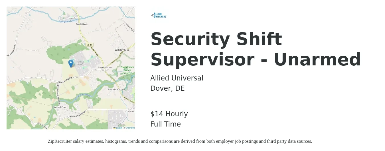 Allied Universal job posting for a Security Shift Supervisor - Unarmed in Dover, DE with a salary of $15 Hourly with a map of Dover location.