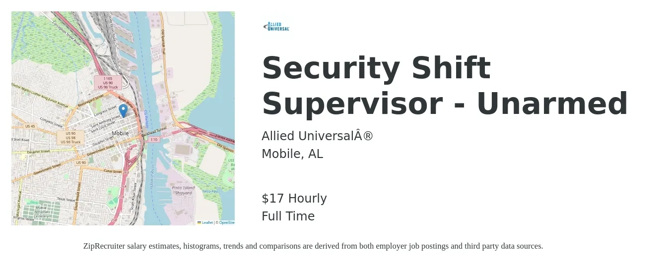 Allied Universal® job posting for a Security Shift Supervisor - Unarmed in Mobile, AL with a salary of $18 Hourly with a map of Mobile location.
