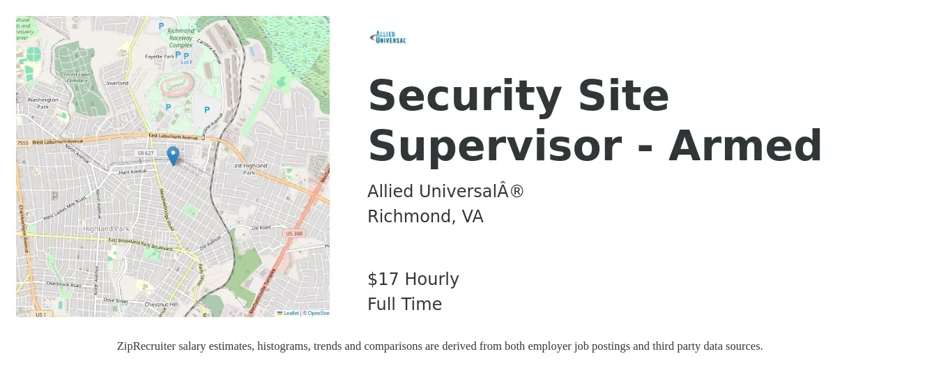Allied Universal® job posting for a Security Site Supervisor - Armed in Richmond, VA with a salary of $16 to $20 Hourly with a map of Richmond location.