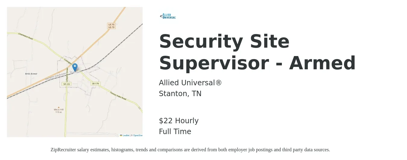 Allied Universal® job posting for a Security Site Supervisor - Armed in Stanton, TN with a salary of $23 Hourly with a map of Stanton location.