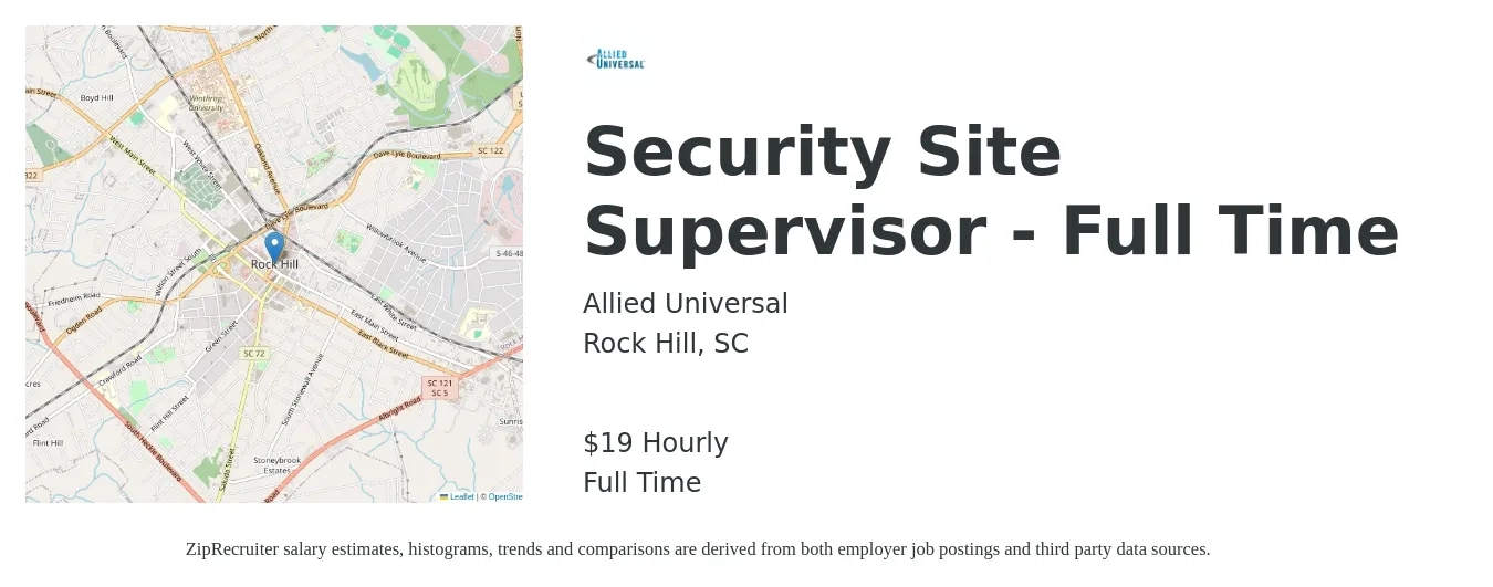 Allied Universal® job posting for a Security Site Supervisor - Full Time in Rock Hill, SC with a salary of $20 Hourly with a map of Rock Hill location.