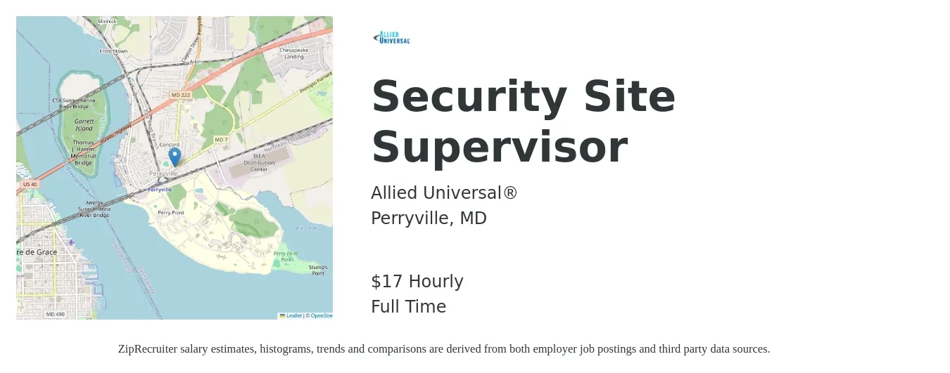 Allied Universal® job posting for a Security Site Supervisor in Perryville, MD with a salary of $18 Hourly with a map of Perryville location.
