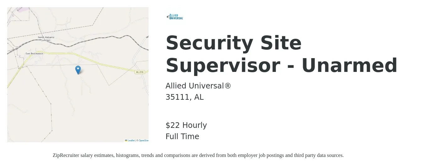 Allied Universal® job posting for a Security Site Supervisor - Unarmed in 35111, AL with a salary of $23 Hourly with a map of 35111 location.