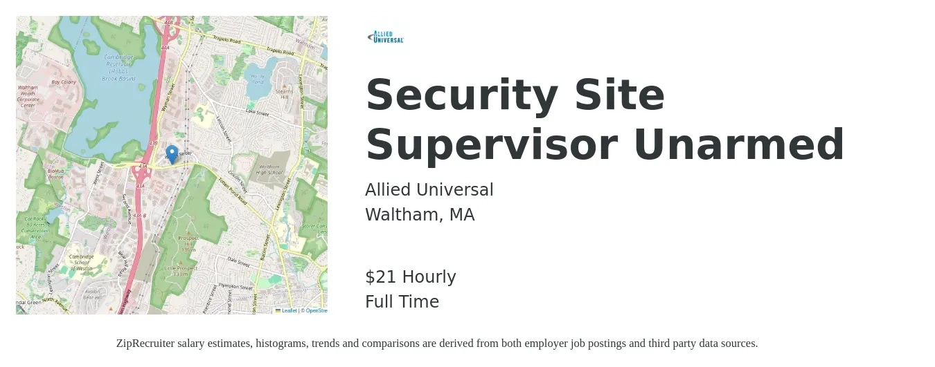 Allied Universal job posting for a Security Site Supervisor Unarmed in Waltham, MA with a salary of $22 Hourly with a map of Waltham location.