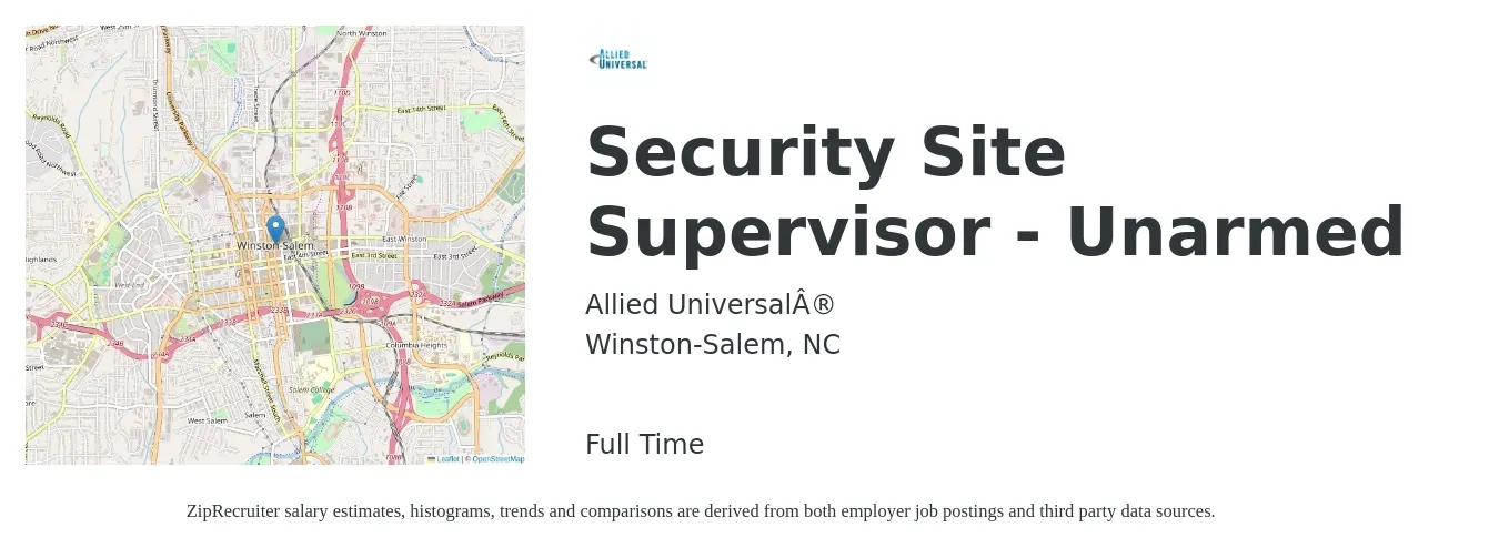 Allied Universal® job posting for a Security Site Supervisor - Unarmed in Winston-Salem, NC with a salary of $16 to $20 Hourly with a map of Winston-Salem location.