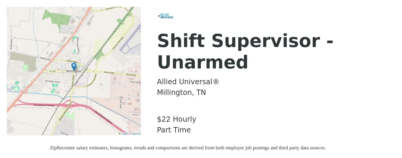 Allied Universal® job posting for a Shift Supervisor - Unarmed in Millington, TN with a salary of $23 Hourly with a map of Millington location.
