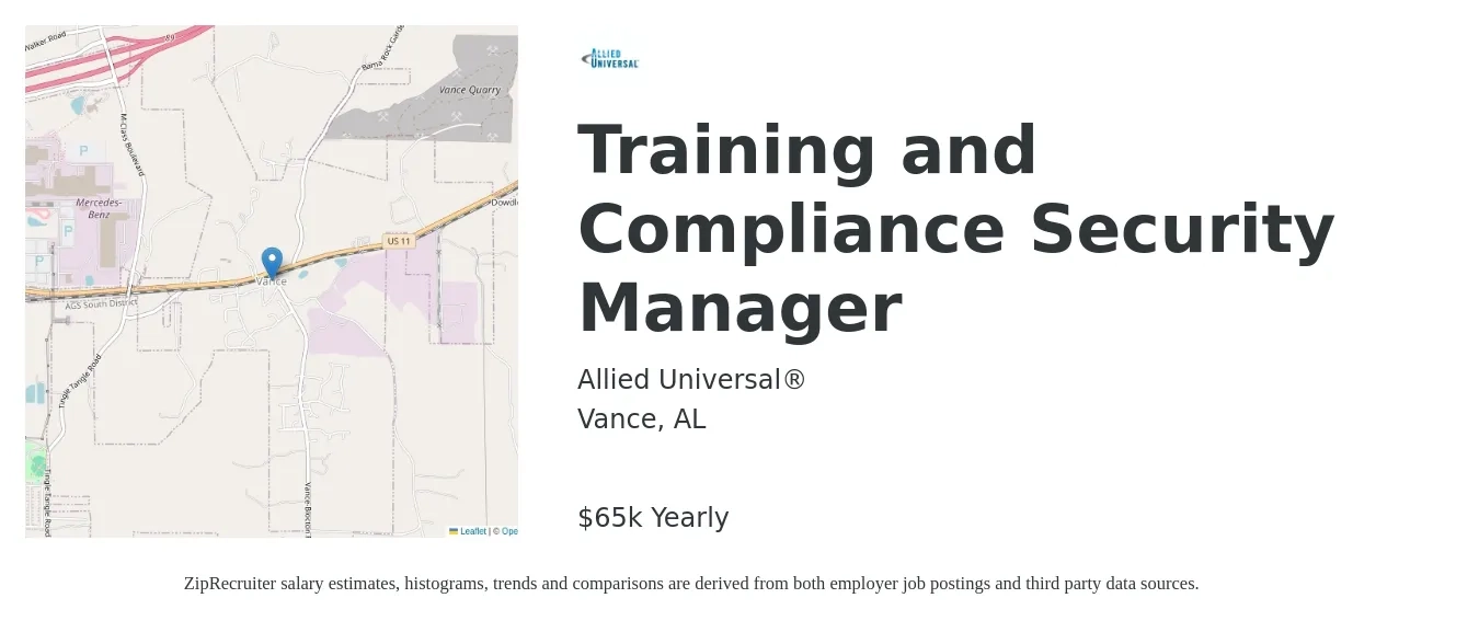 Allied Universal job posting for a Training and Compliance Security Manager in Vance, AL with a salary of $65,000 Yearly with a map of Vance location.