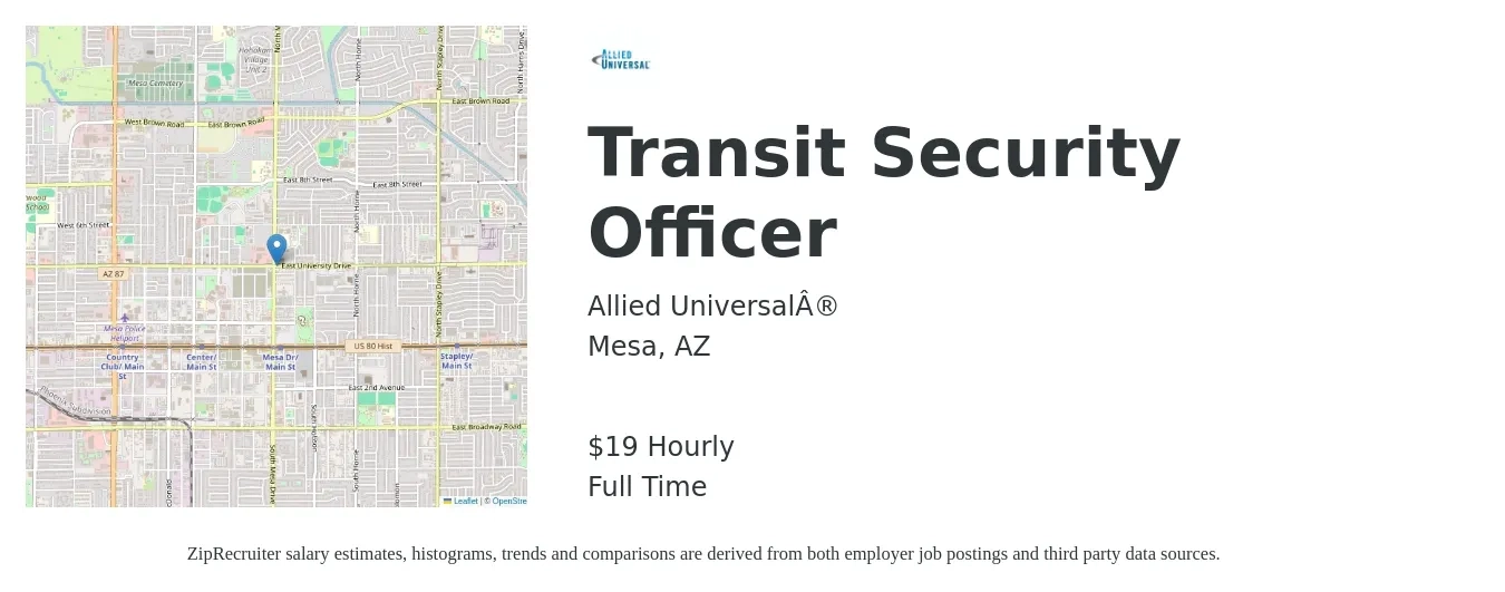 Allied Universal® job posting for a Transit Security Officer in Mesa, AZ with a salary of $19 Hourly with a map of Mesa location.