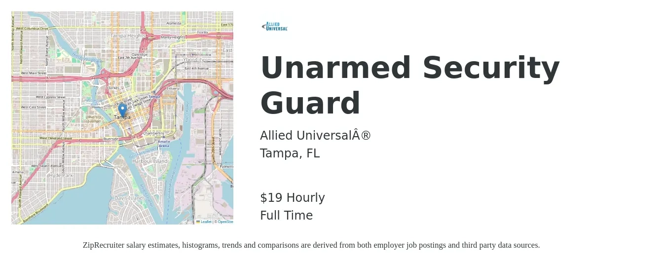 Allied Universal® job posting for a Unarmed Security Guard in Tampa, FL with a salary of $16 Hourly with a map of Tampa location.