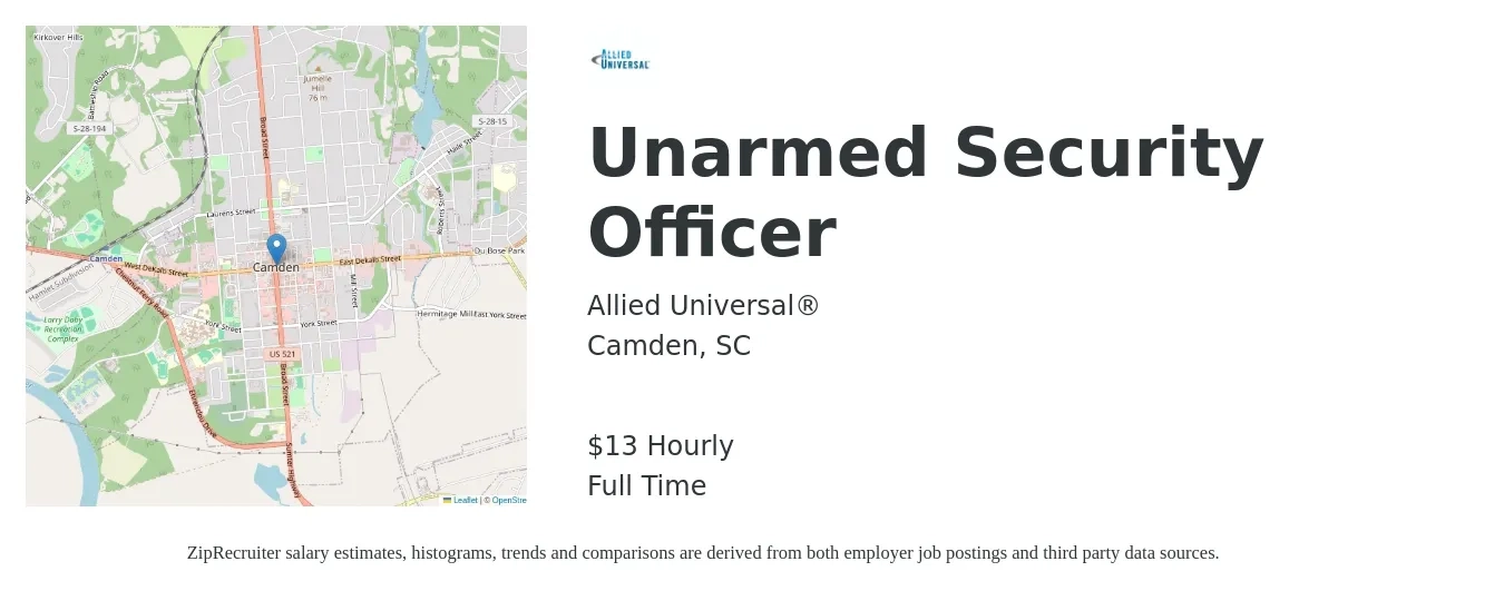 Allied Universal® job posting for a Unarmed Security Officer in Camden, SC with a salary of $14 Hourly with a map of Camden location.