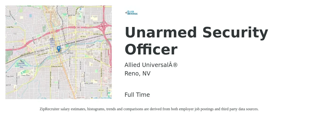 Allied Universal job posting for a Unarmed Security Officer in Reno, NV with a salary of $16 to $19 Hourly with a map of Reno location.