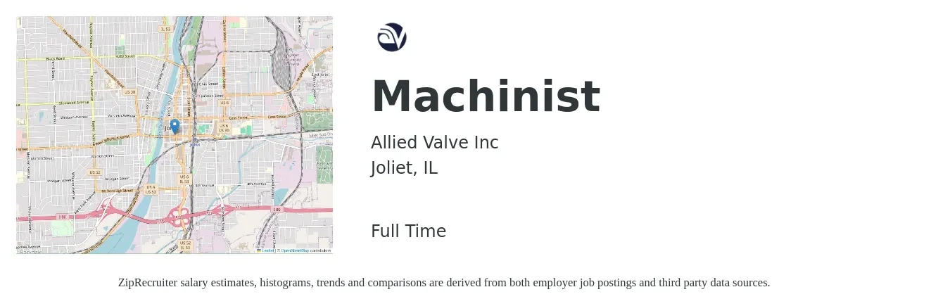 Allied Valve Inc job posting for a Machinist in Joliet, IL with a salary of $21 to $29 Hourly with a map of Joliet location.