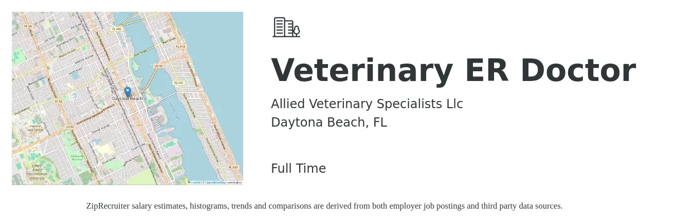 Allied Veterinary Specialists Llc job posting for a Veterinary ER Doctor in Daytona Beach, FL with a salary of $169,400 to $210,700 Yearly with a map of Daytona Beach location.