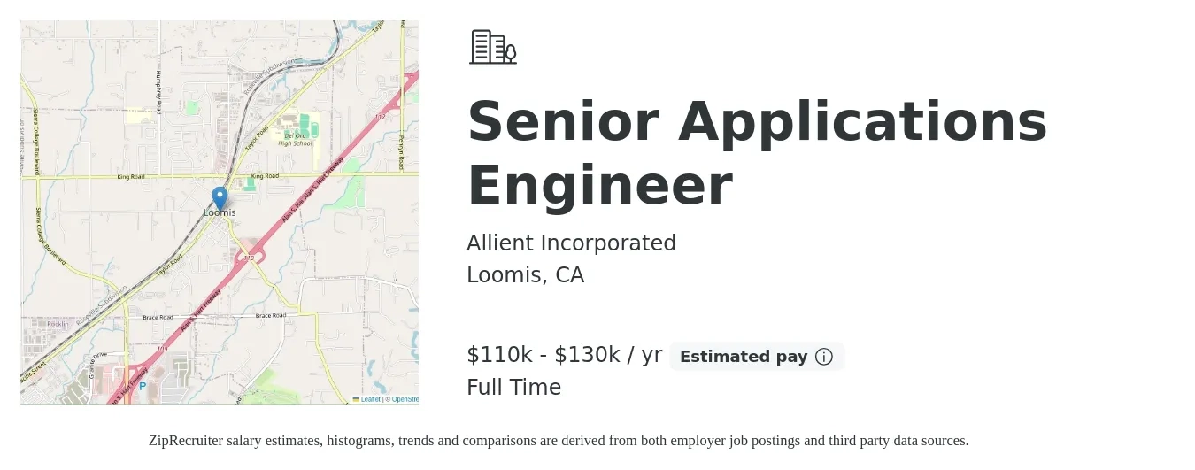 Allient Incorporated job posting for a Senior Applications Engineer in Loomis, CA with a salary of $110,000 to $130,000 Yearly with a map of Loomis location.