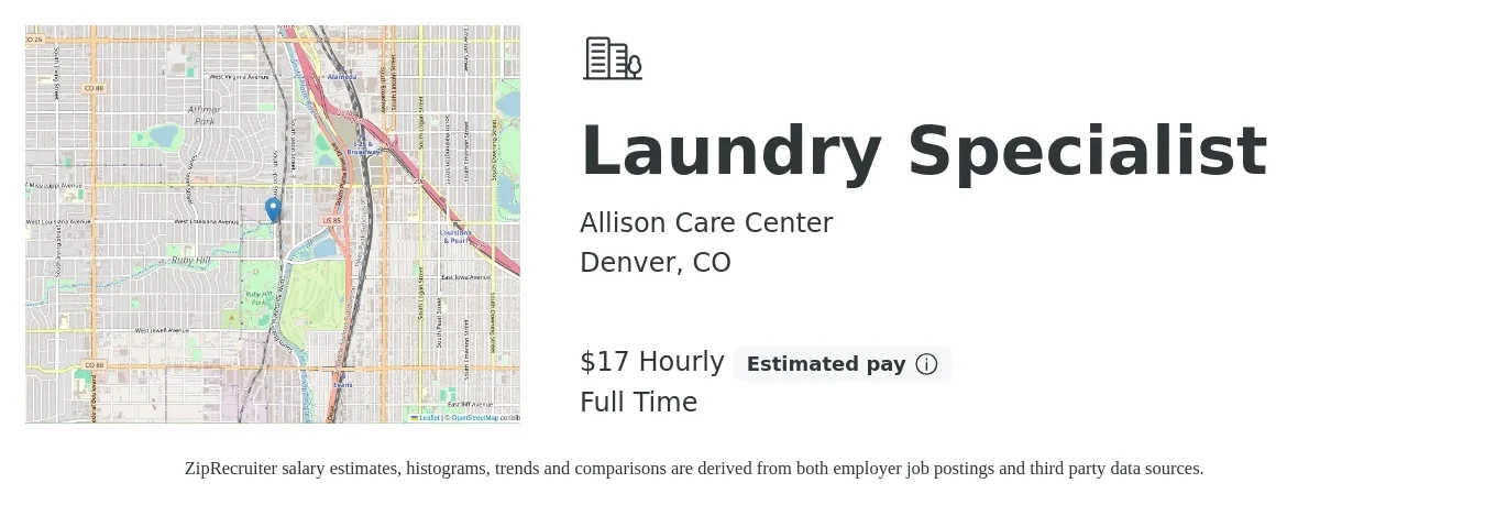 Allison Care Center job posting for a Laundry Specialist in Denver, CO with a salary of $18 to $18 Hourly with a map of Denver location.