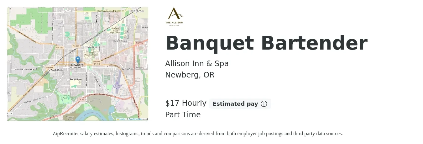 Allison Inn & Spa job posting for a Banquet Bartender in Newberg, OR with a salary of $19 Hourly with a map of Newberg location.