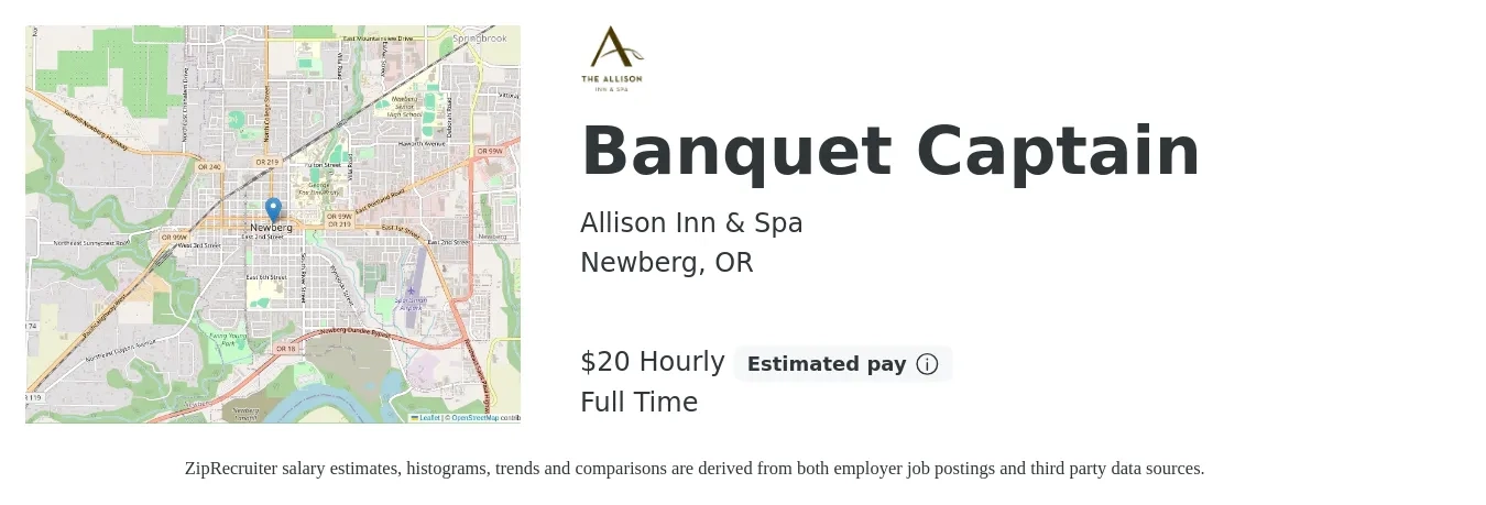 Allison Inn & Spa job posting for a Banquet Captain in Newberg, OR with a salary of $22 Hourly with a map of Newberg location.