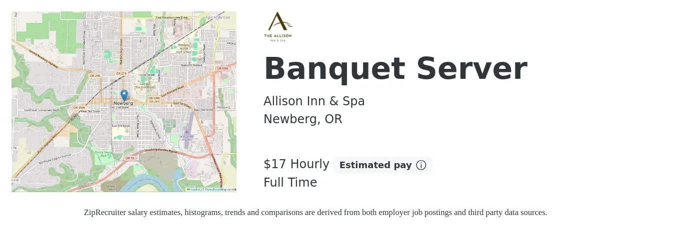 Allison Inn & Spa job posting for a Banquet Server in Newberg, OR with a salary of $19 Hourly with a map of Newberg location.