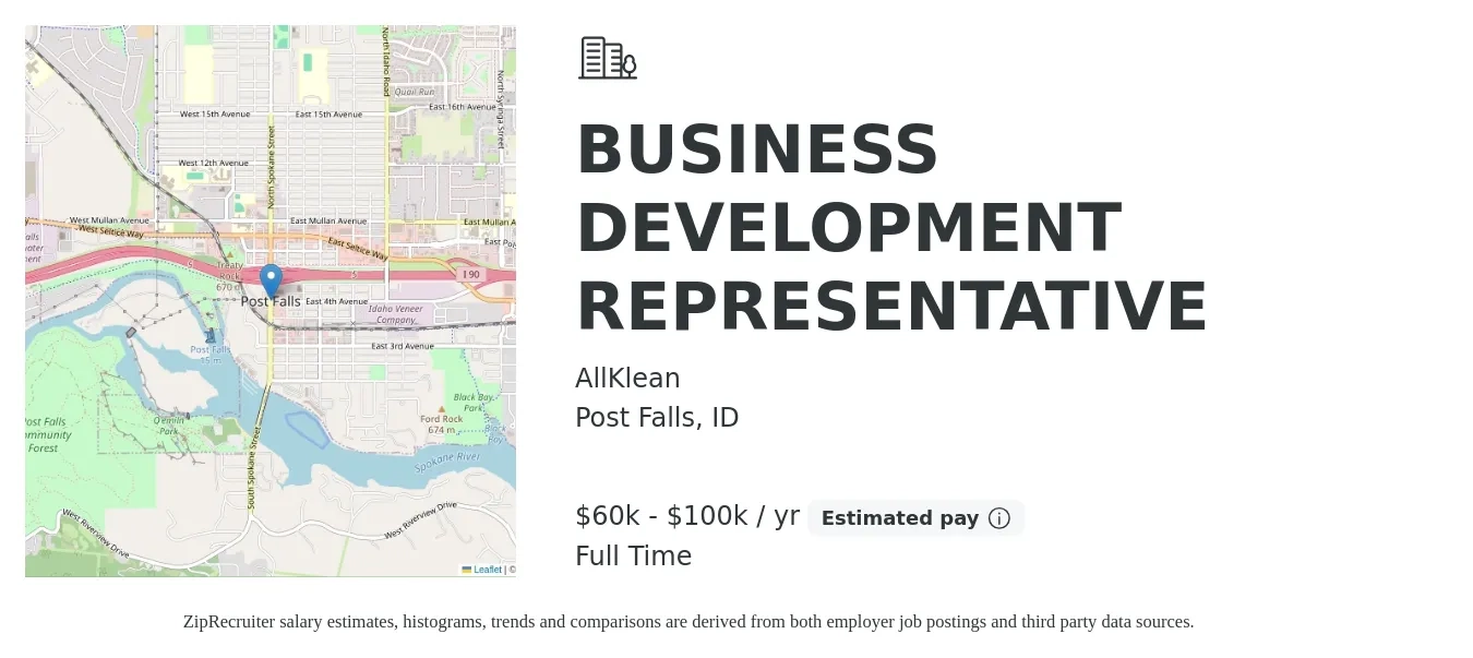 AllKlean job posting for a BUSINESS DEVELOPMENT REPRESENTATIVE in Post Falls, ID with a salary of $60,000 to $100,000 Yearly with a map of Post Falls location.