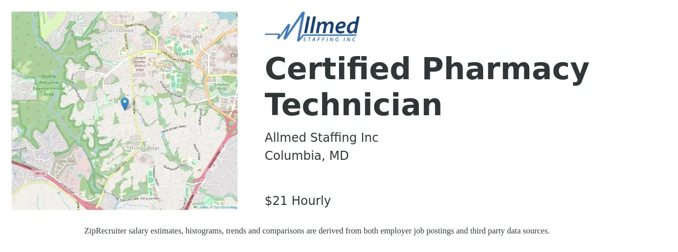 Allmed Staffing Inc job posting for a Certified Pharmacy Technician in Columbia, MD with a salary of $22 Hourly with a map of Columbia location.