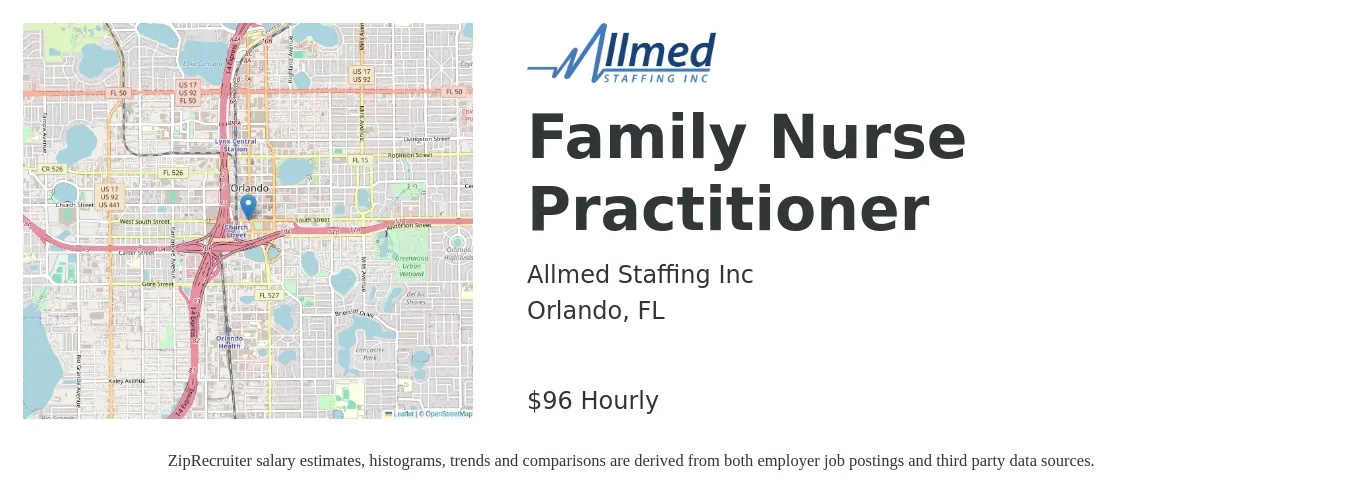 Allmed Staffing Inc job posting for a Family Nurse Practitioner in Orlando, FL with a salary of $100 Hourly with a map of Orlando location.