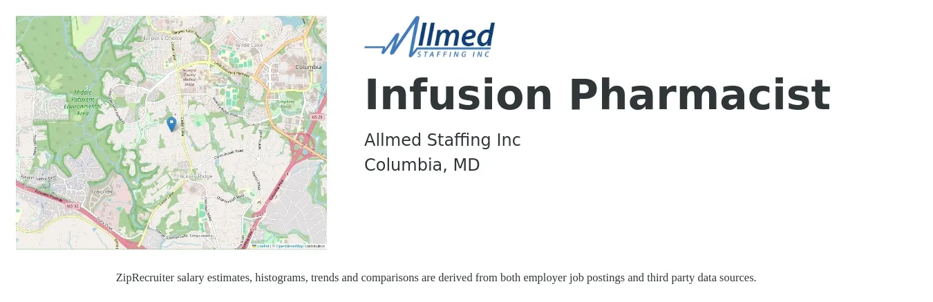 Allmed Staffing Inc job posting for a Infusion Pharmacist in Columbia, MD with a salary of $60 to $70 Hourly with a map of Columbia location.