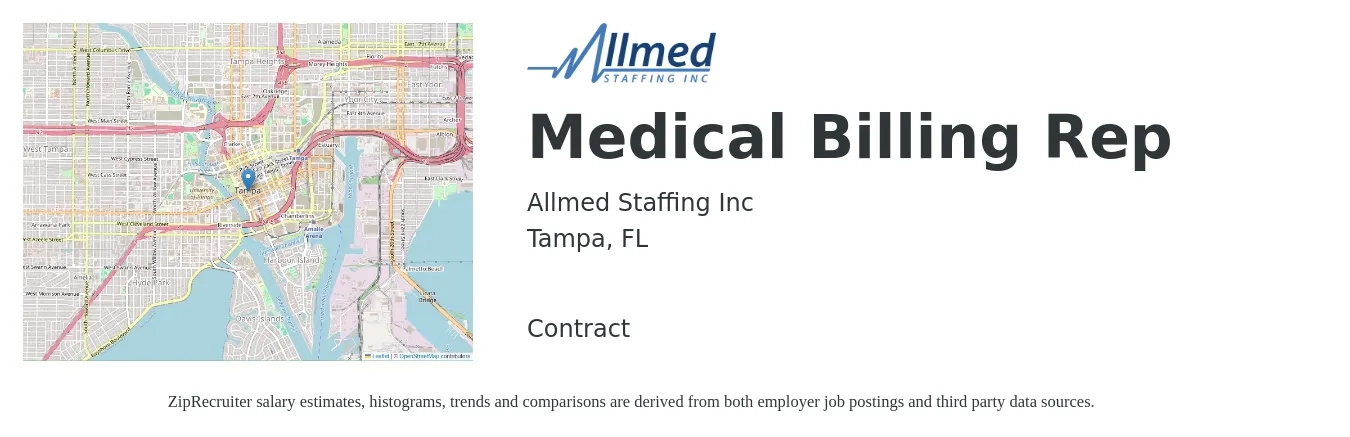 Allmed Staffing Inc job posting for a Medical Billing Rep in Tampa, FL with a salary of $16 to $21 Hourly with a map of Tampa location.