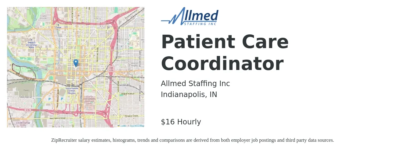 ALLMED Staffing job posting for a Patient Care Coordinator in Indianapolis, IN with a salary of $18 Hourly with a map of Indianapolis location.