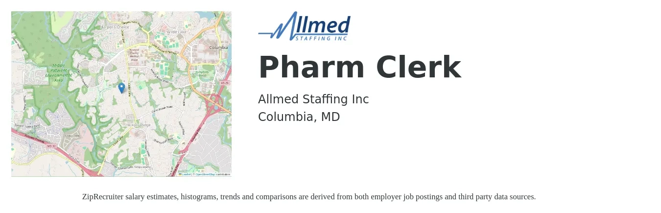 Allmed Staffing Inc job posting for a Pharm Clerk in Columbia, MD with a salary of $14 to $18 Hourly with a map of Columbia location.