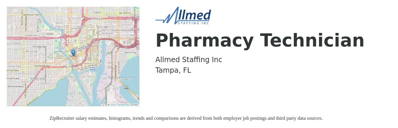 Allmed Staffing Inc job posting for a Pharmacy Technician in Tampa, FL with a salary of $16 to $20 Hourly with a map of Tampa location.