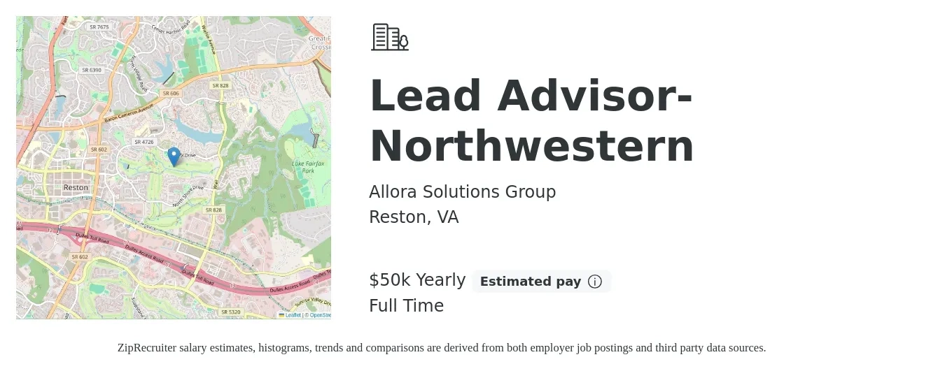 Allora Solutions Group job posting for a Lead Advisor-Northwestern in Reston, VA with a salary of $50,000 Yearly with a map of Reston location.