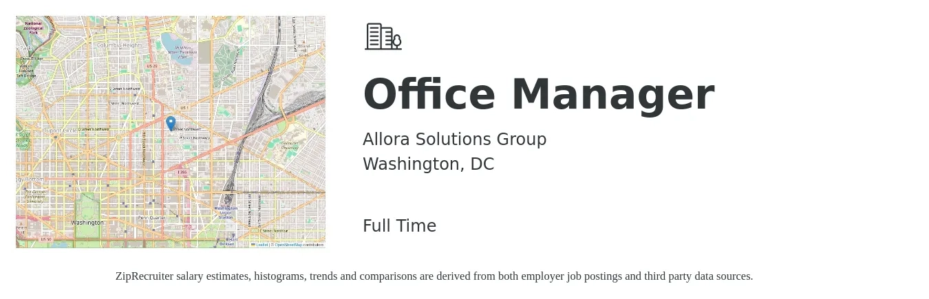 Allora Solutions Group job posting for a Office Manager in Washington, DC with a salary of $45,000 to $55,000 Yearly with a map of Washington location.