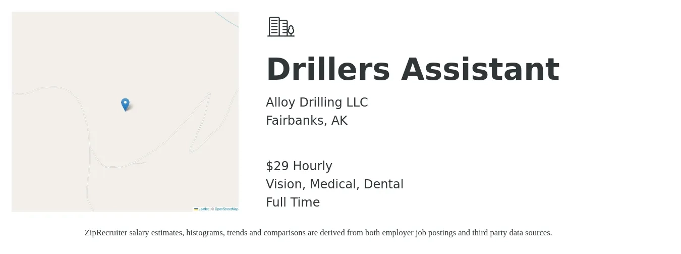 Alloy Drilling LLC job posting for a Drillers Assistant in Fairbanks, AK with a salary of $31 Hourly and benefits including dental, medical, and vision with a map of Fairbanks location.