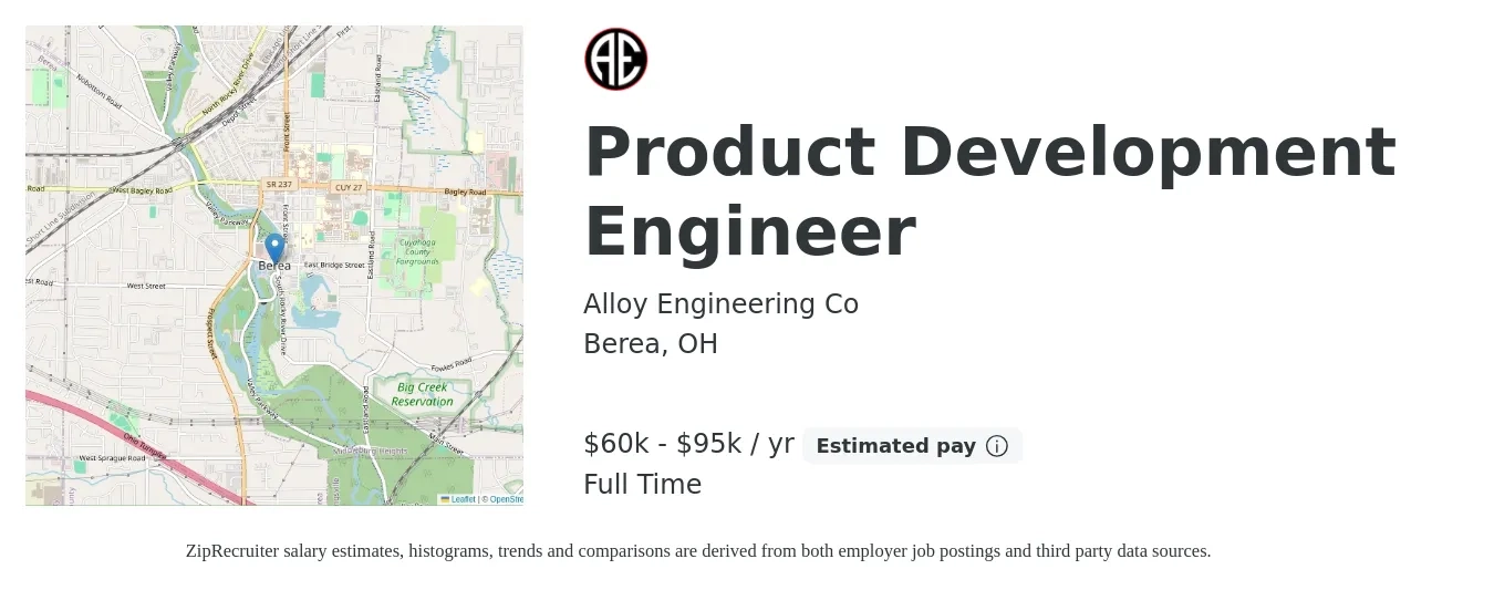 Alloy Engineering Co job posting for a Product Development Engineer in Berea, OH with a salary of $67,100 to $93,200 Yearly with a map of Berea location.