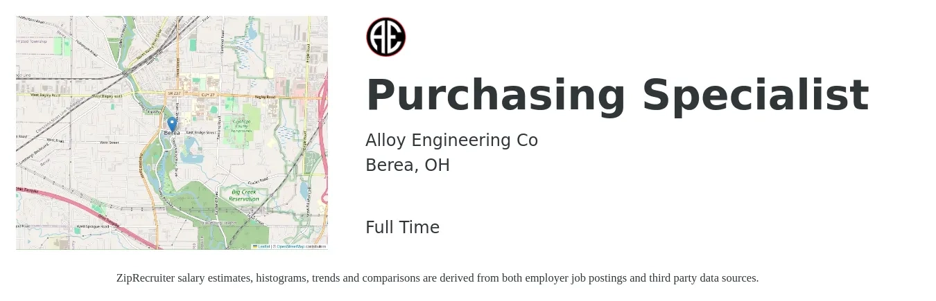 Alloy Engineering Co job posting for a Purchasing Specialist in Berea, OH with a salary of $21 to $30 Hourly with a map of Berea location.