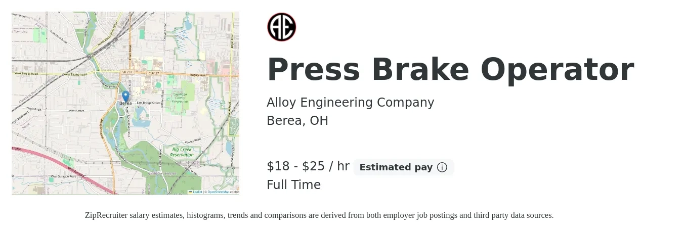 Alloy Engineering Company job posting for a Press Brake Operator in Berea, OH with a salary of $17 to $22 Hourly with a map of Berea location.