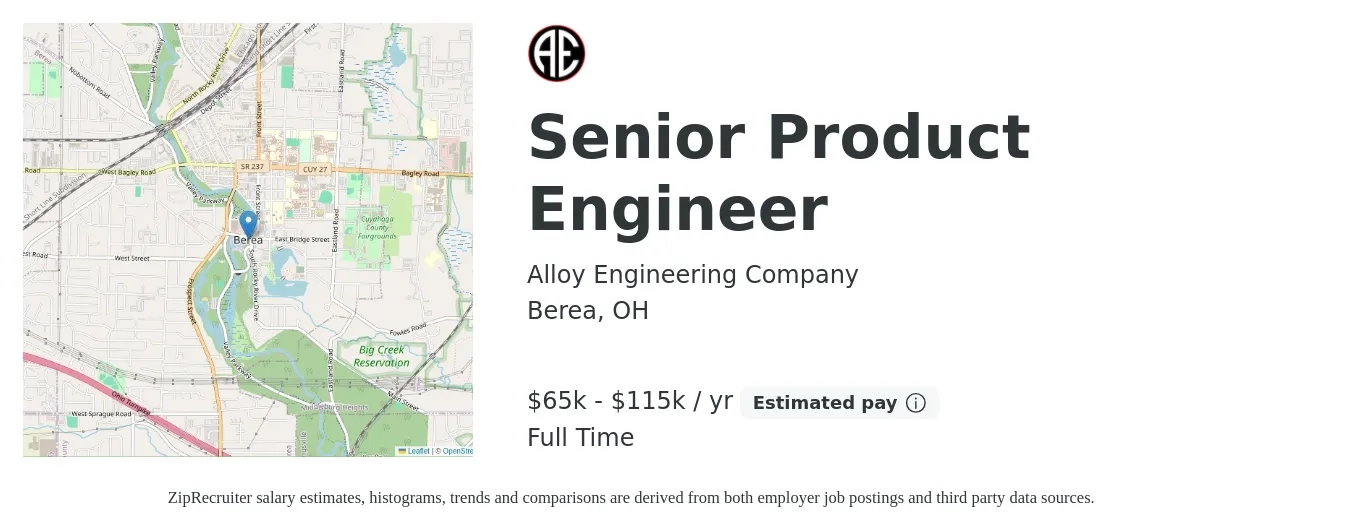 Alloy Engineering Co job posting for a Senior Product Engineer in Berea, OH with a salary of $86,700 to $132,400 Yearly with a map of Berea location.