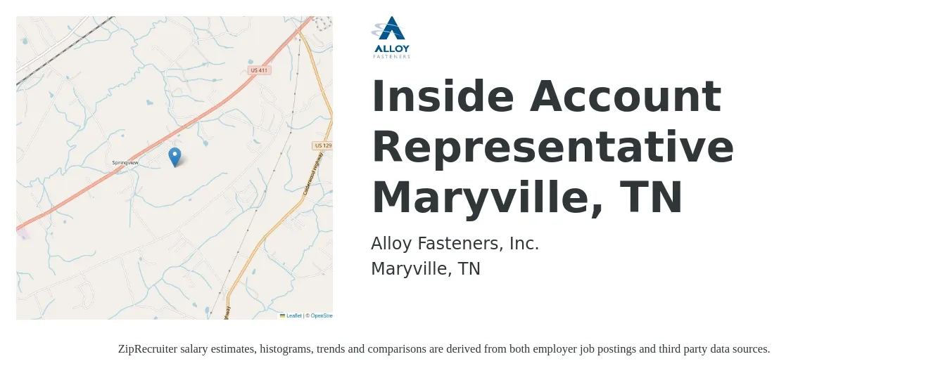 Alloy Fasteners, Inc. job posting for a Inside Account Representative Maryville, TN in Maryville, TN with a salary of $11 to $21 Hourly with a map of Maryville location.