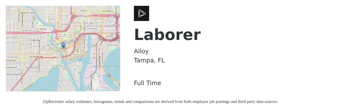 Alloy job posting for a Laborer in Tampa, FL with a salary of $16 to $19 Hourly with a map of Tampa location.