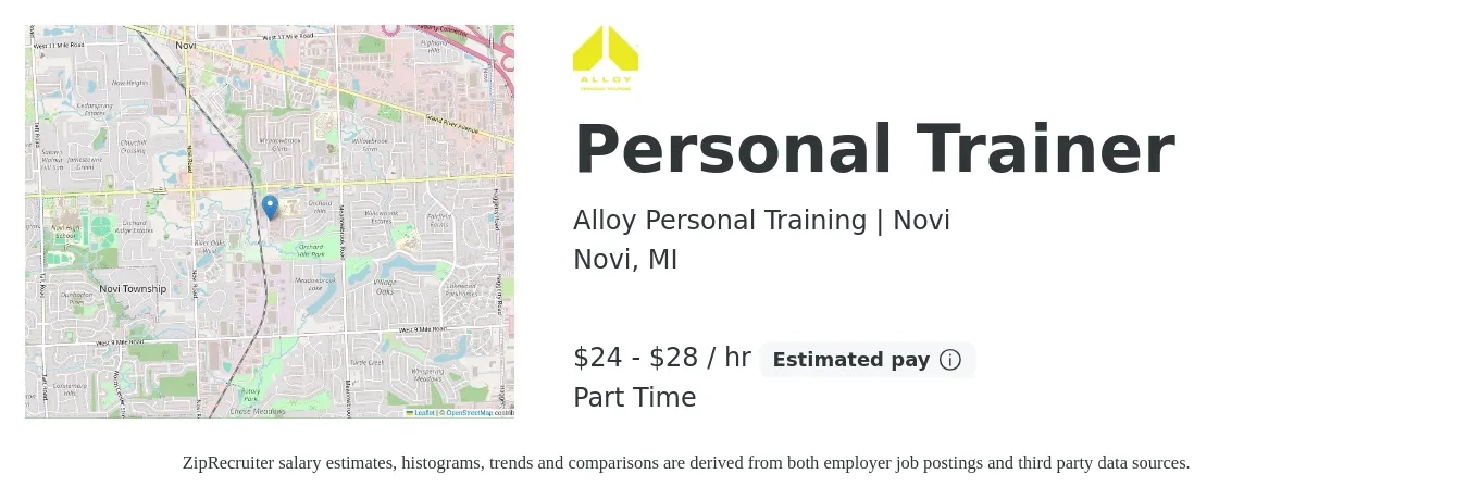 Alloy Personal Training | Novi job posting for a Personal Trainer in Novi, MI with a salary of $25 to $30 Hourly with a map of Novi location.