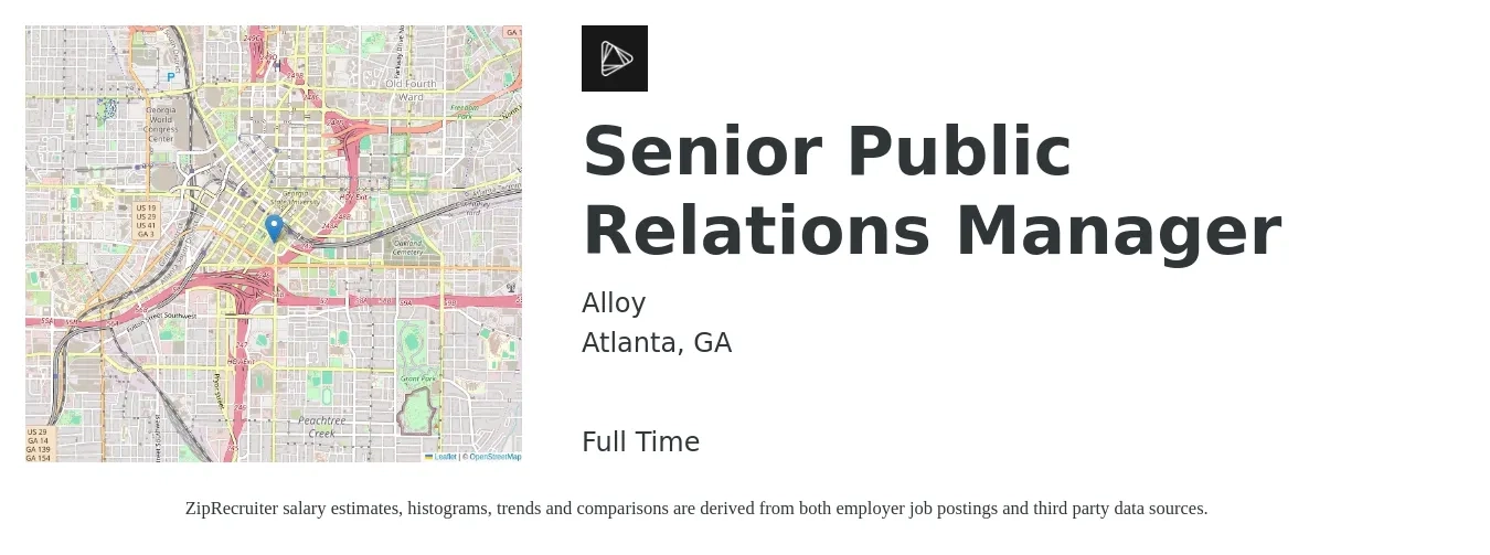Alloy job posting for a Senior Public Relations Manager in Atlanta, GA with a salary of $61,700 to $92,500 Yearly with a map of Atlanta location.