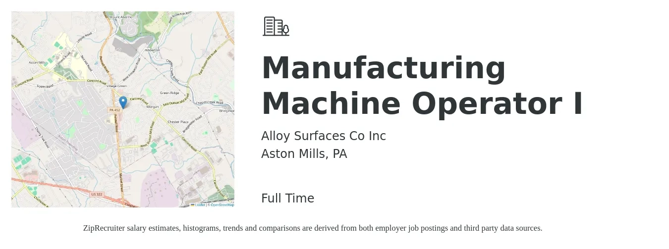 Alloy Surfaces Co Inc job posting for a Manufacturing Machine Operator I in Aston Mills, PA with a salary of $16 to $19 Hourly with a map of Aston Mills location.