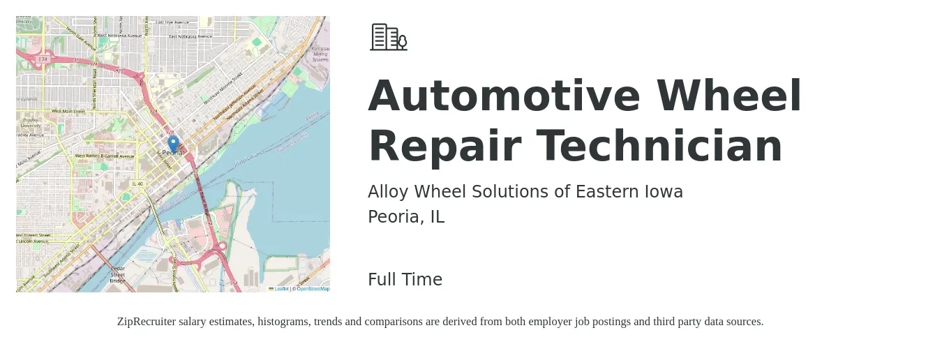 Alloy Wheel Solutions of Eastern Iowa job posting for a Automotive Wheel Repair Technician in Peoria, IL with a salary of $900 to $1,500 Weekly with a map of Peoria location.