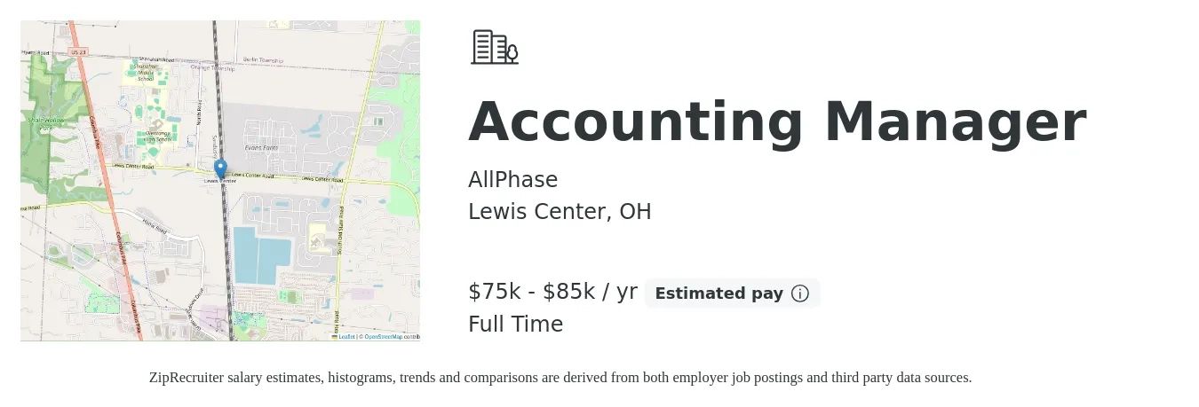 AllPhase job posting for a Accounting Manager in Lewis Center, OH with a salary of $75,000 to $85,000 Yearly with a map of Lewis Center location.
