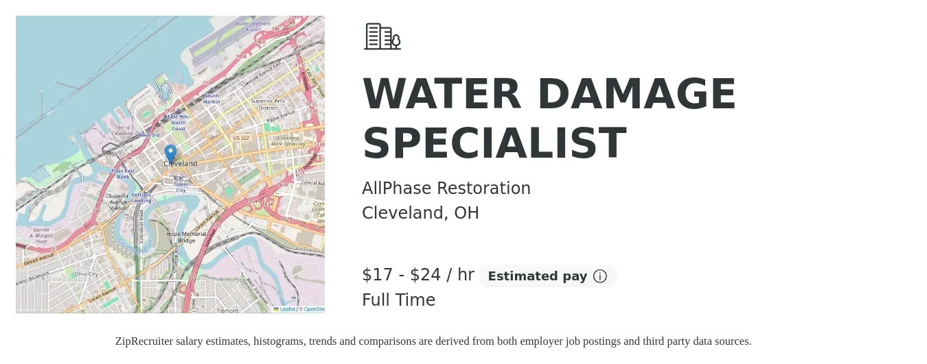 AllPhase Restoration job posting for a WATER DAMAGE SPECIALIST in Cleveland, OH with a salary of $18 to $25 Hourly with a map of Cleveland location.