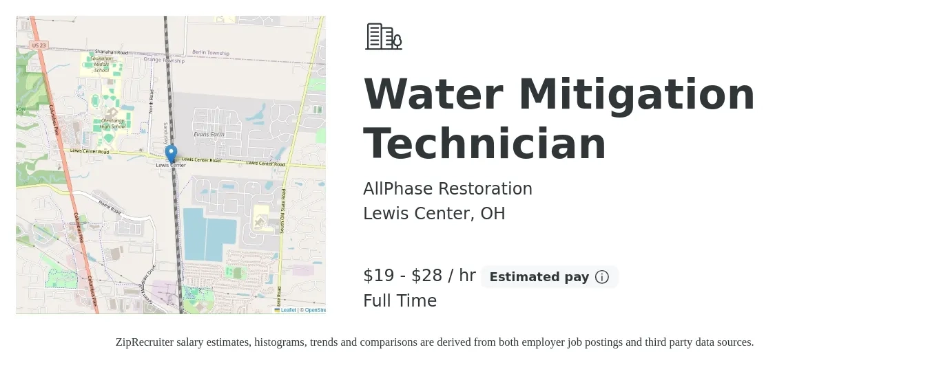 AllPhase Restoration job posting for a Water Mitigation Technician in Lewis Center, OH with a salary of $20 to $30 Hourly with a map of Lewis Center location.