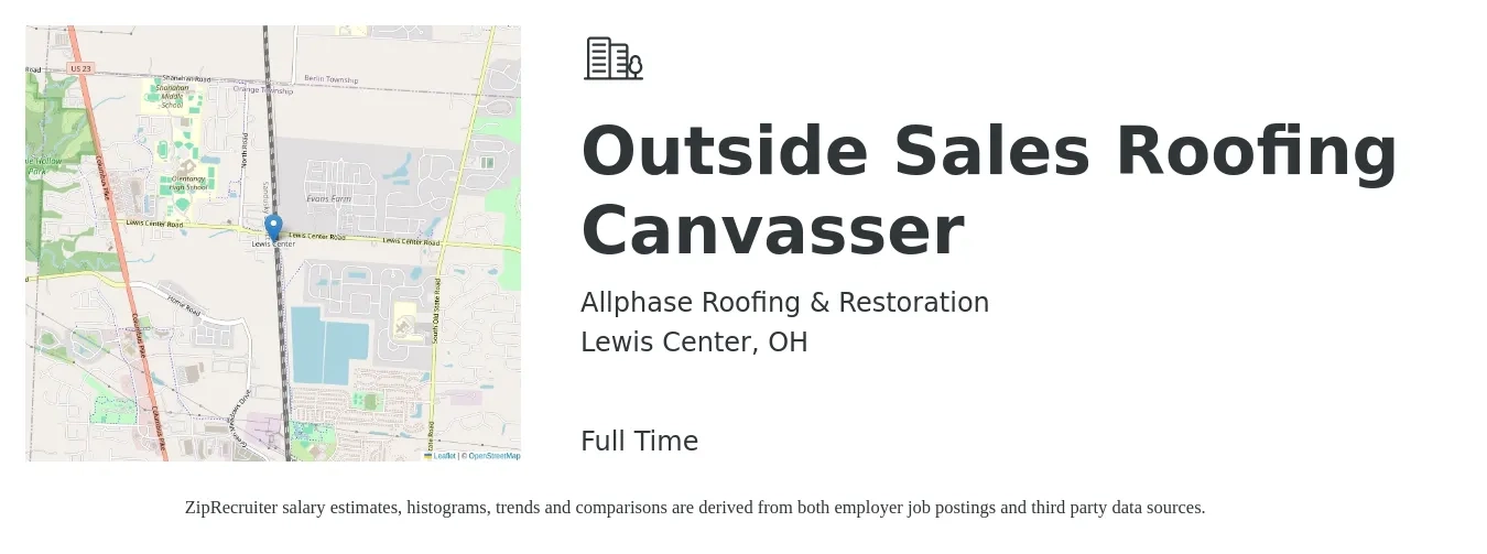 Allphase Roofing & Restoration job posting for a Outside Sales Roofing Canvasser in Lewis Center, OH with a salary of $49,900 to $85,600 Yearly with a map of Lewis Center location.